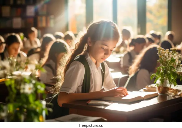 school children reading books in classroom