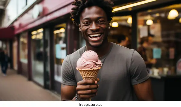 Happy man eating ice cream on the street