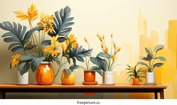 Still life with yellow flowers and plants in orange vases
