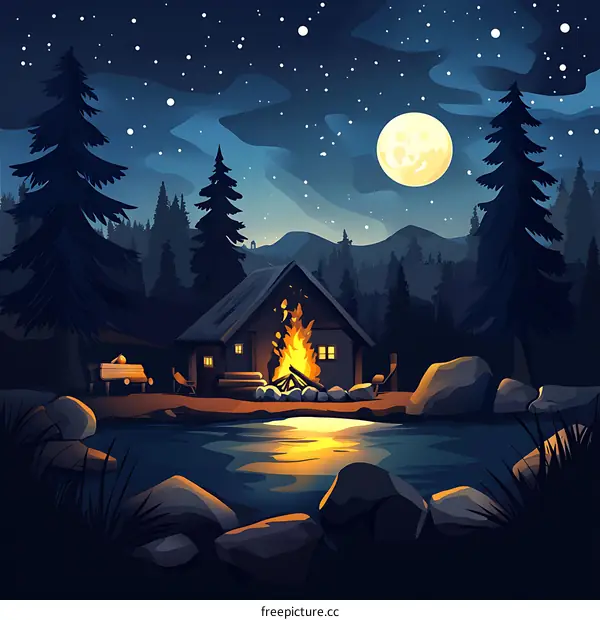 Night Forest Cabin Scene with a Big Moon and Fire