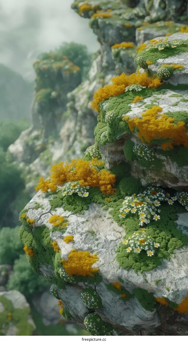The rocks are covered with green moss and yellow and white flowers