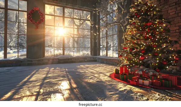 Christmas Tree by the Fireplace with Presents