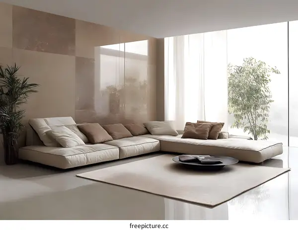 Modern Living Room Interior Design with Beige Sofa and Large Windows