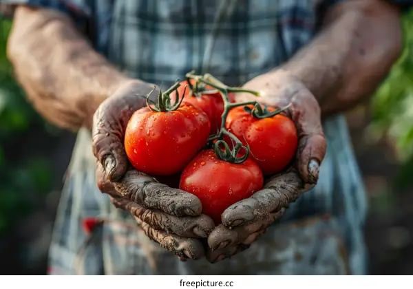 Farmer holding a handful of ripe tomatoes