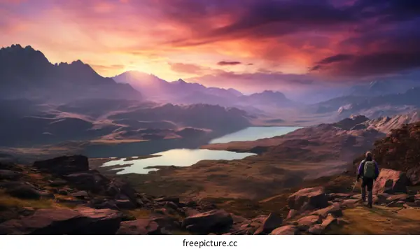 mountain lake landscape sunset hiker