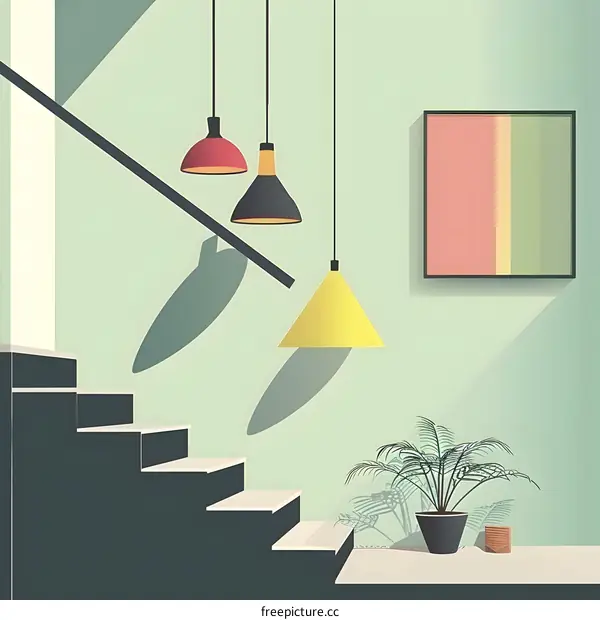 Minimalist Interior Design with Staircase and Hanging Lamps