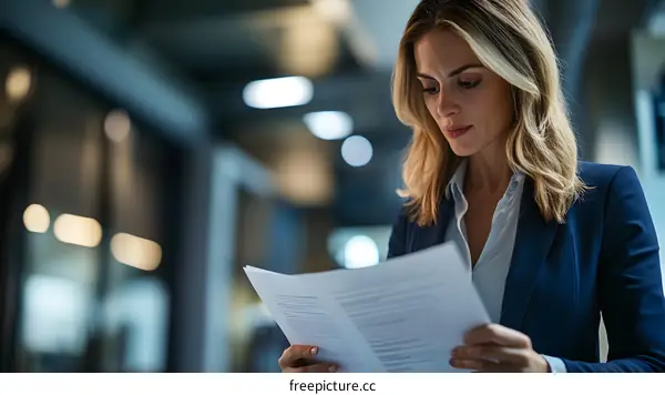 Businesswoman Reading Paper Documents in Office