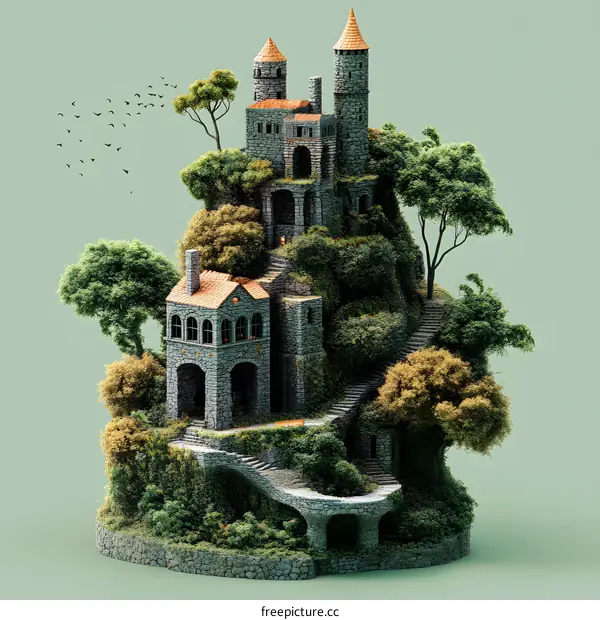 Stone Castle on a Hilltop with Trees and Birds