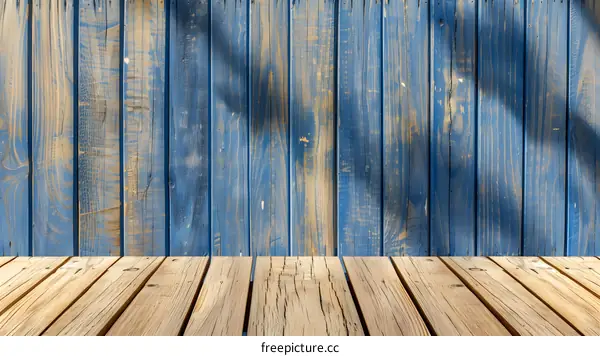 Wooden Background With Blue Painted Planks and  Wooden Floor