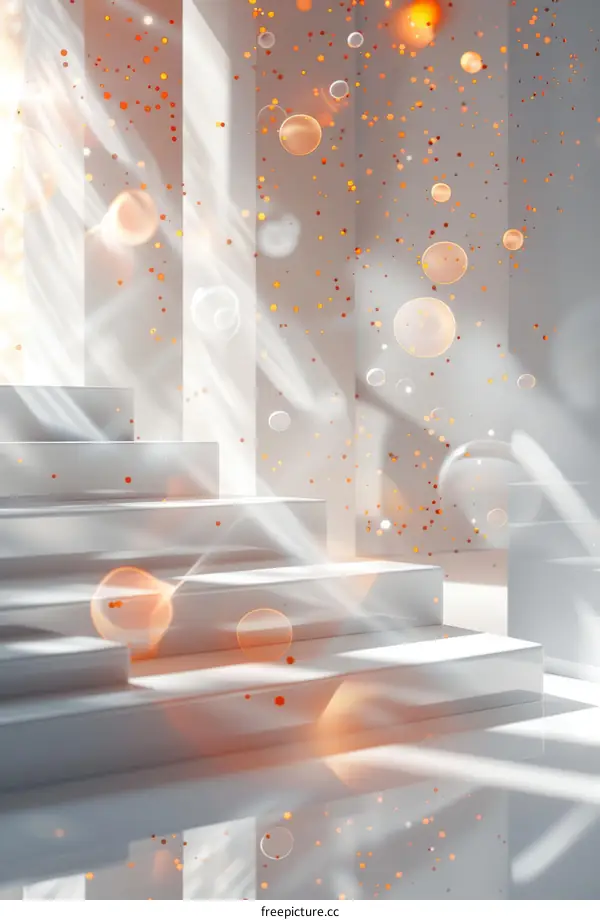 White stairs with floating orange spheres