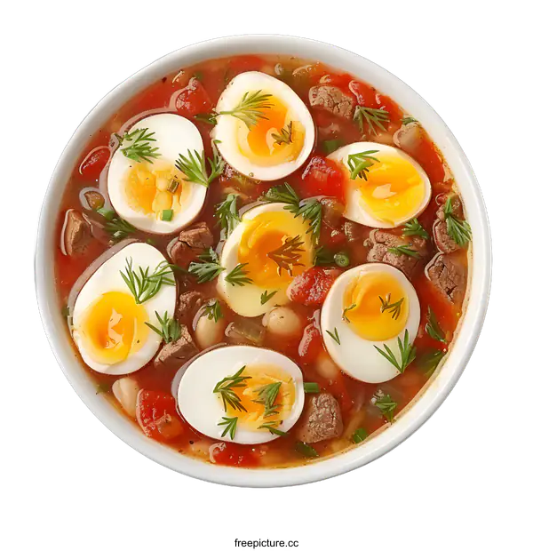 [Transparent Background PNG]Hearty beef and vegetable soup with half boiled eggs