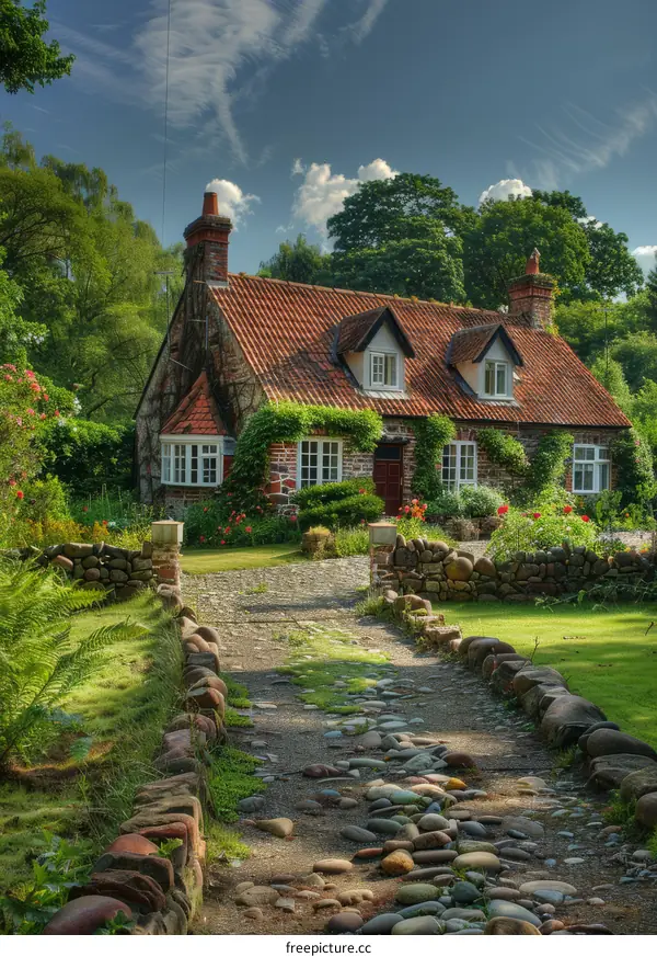 Stone Cottage in the Countryside with Trees and Flowers