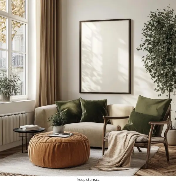 Modern Cozy Living Room Mockup with Empty Frame