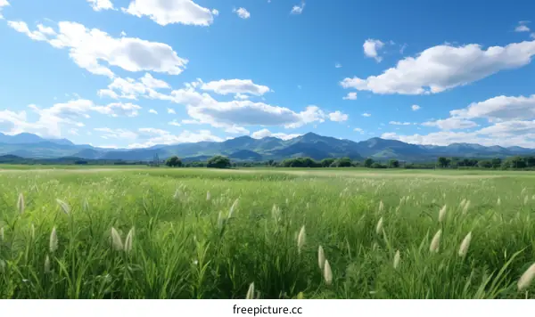 Tranquil Grassland Landscape with Distant Mountain Range