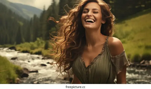 Portrait of a laughing young woman with long brown hair standing in a river