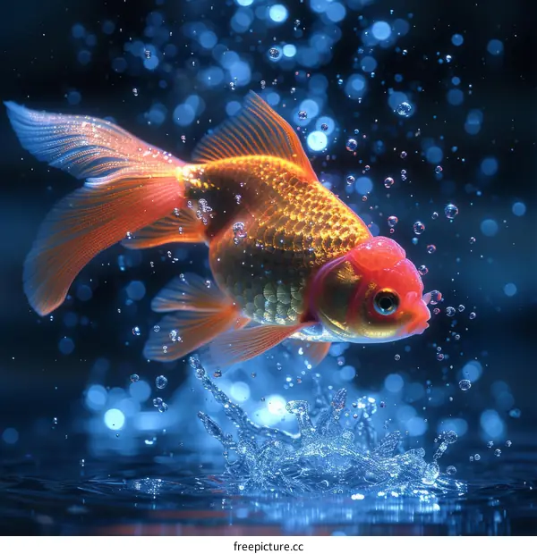 A goldfish jumps out of the water with a splash