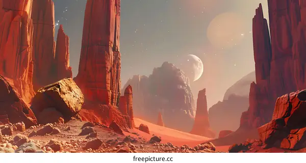 Red Planet Landscape with Tall Rock Formations