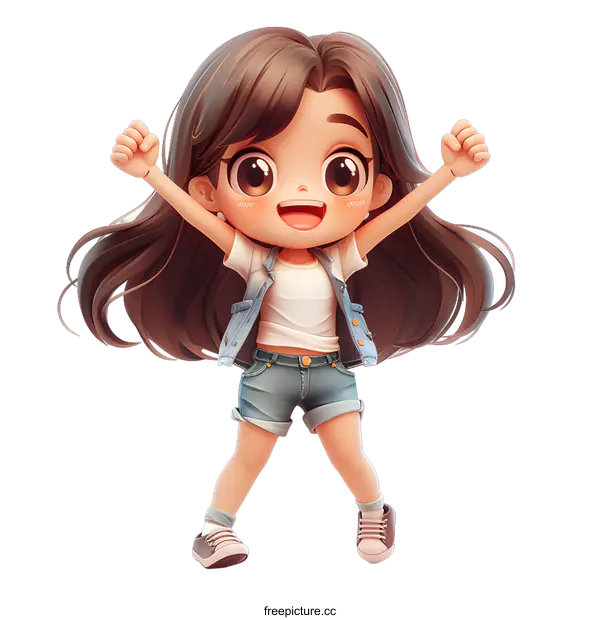 [Transparent Background PNG]cute cartoon girl with long brown hair wearing a white shirt and blue jean shorts