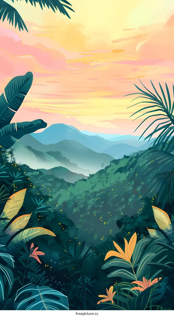Tropical Rainforest Landscape Illustration with Sunset Sky