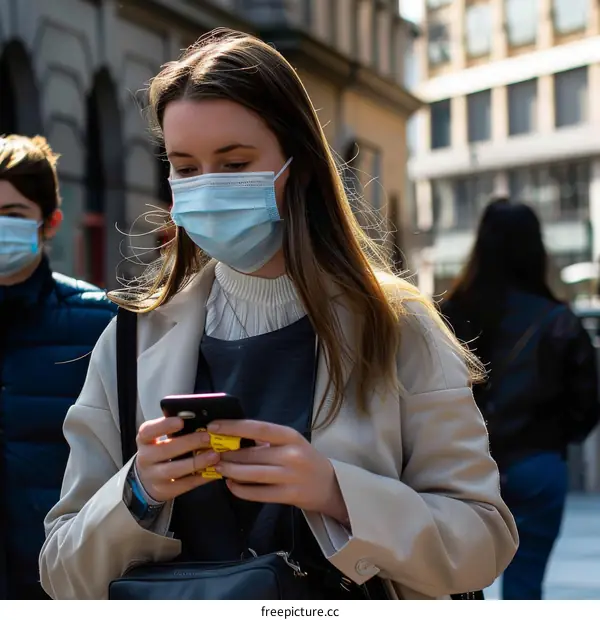 A young woman wearing a surgical mask walks down a city street while looking at her phone