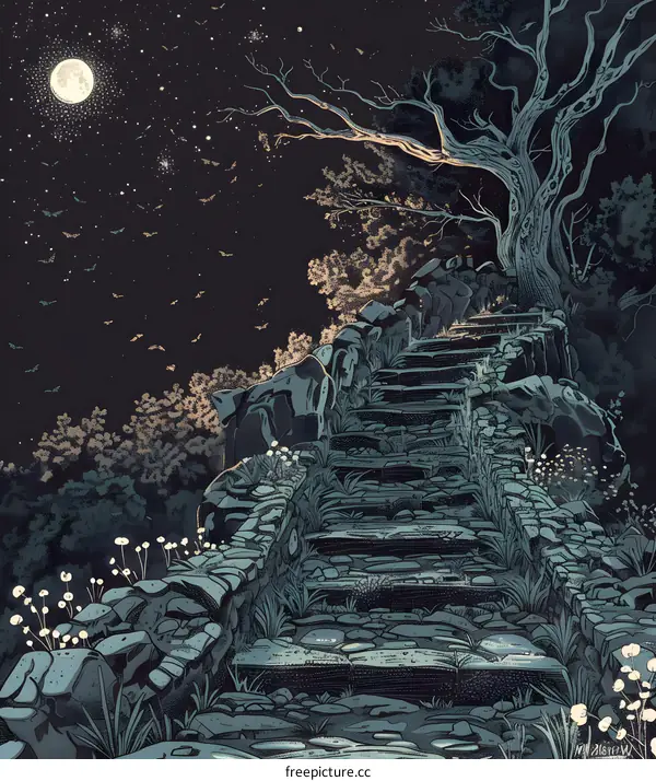 Stone Steps Leading Up To The Moonlit Sky