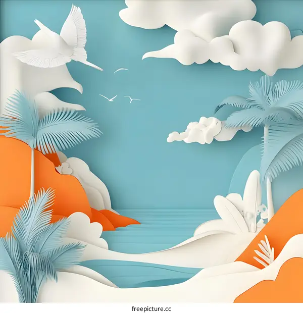 Paper Art Illustration Of Tropical Beach Scene With Palm Trees, Birds, And Clouds