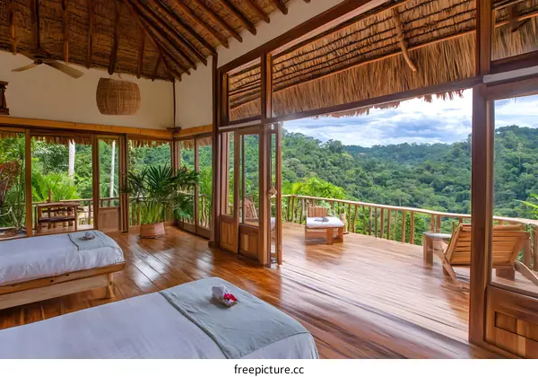 Tropical Rainforest Jungle Cabin with Balcony and Beds