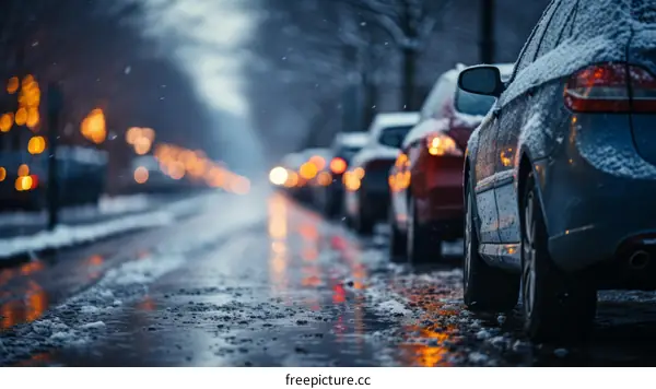 Snowy street with parked cars