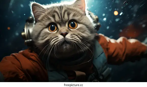 A cute cat wearing a spacesuit is floating in space