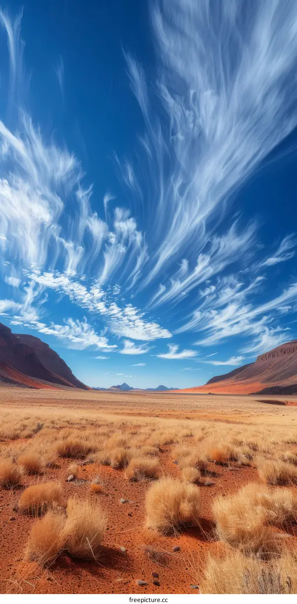 Arid desert landscape with blue sky and white clouds