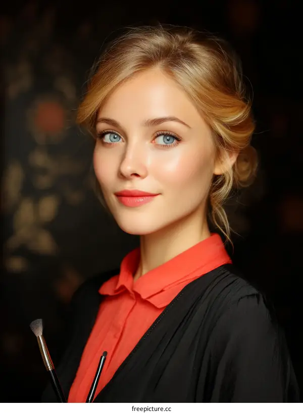 Close up Portrait of a Beautiful Woman with Makeup Tools