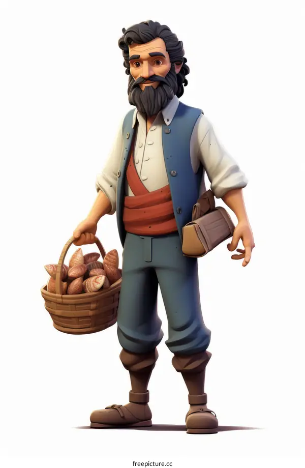 A cartoon image of a man with a beard and a basket of bread
