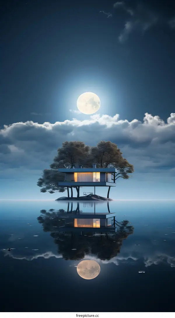 futuristic house on lake with large moon above it
