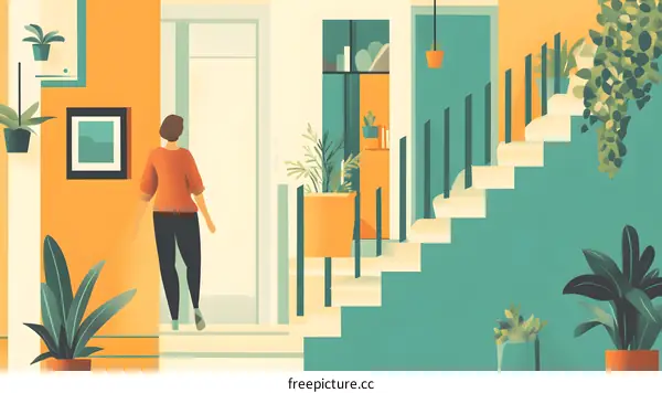 Woman Walking Up Stairs in Modern House Illustration