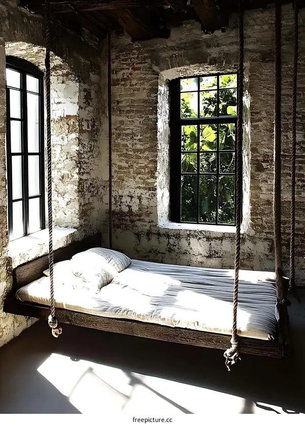 Rustic Bedroom Interior Design With Hanging Bed And Brick Wall