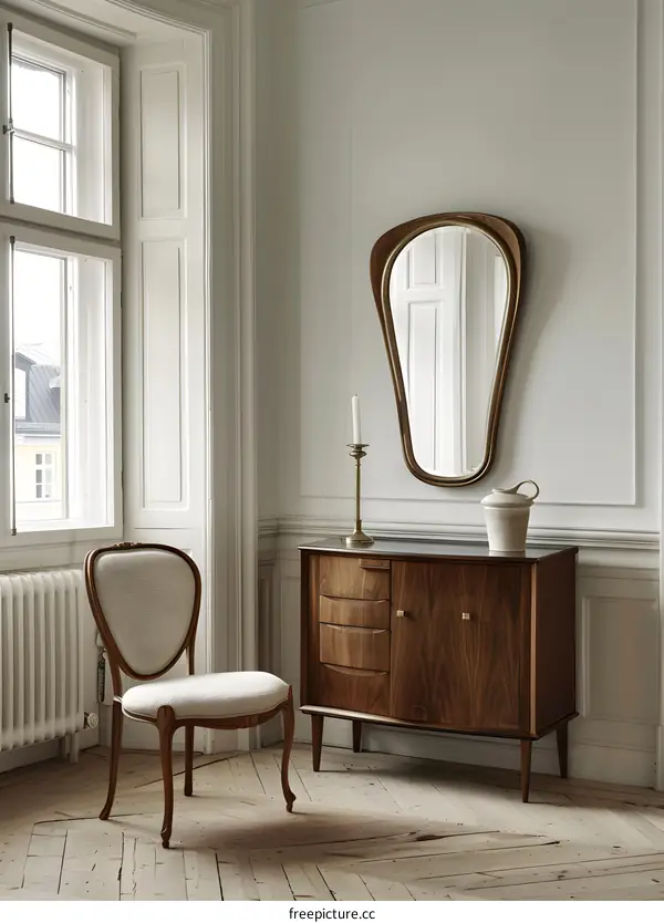 Modern Mid Century Interior Design with Wooden Cabinet and Oval Mirror