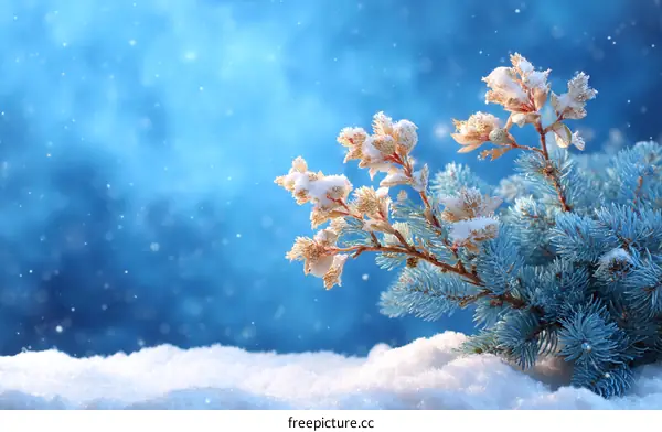 Winter Snow Scene with Blue Fir Tree Branches