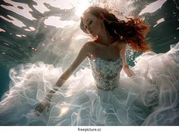 Bride in a Flowing White Dress Posing Underwater