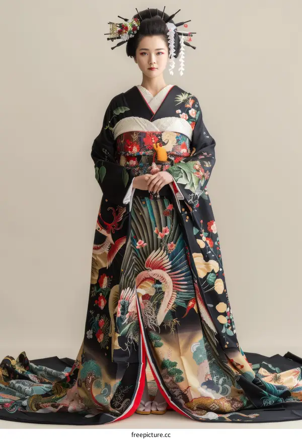 A Japanese bride wearing a traditional wedding kimono