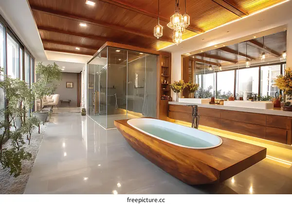 Modern Luxurious Wooden Bathtub Bathroom Interior Design