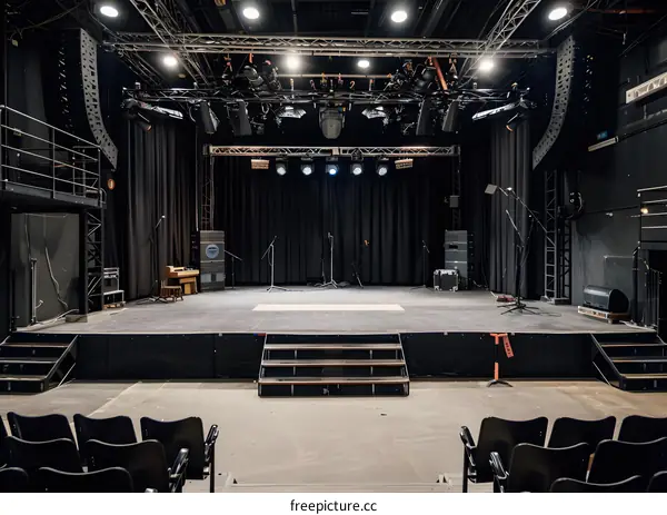 Empty Stage With Black Curtains And Lights