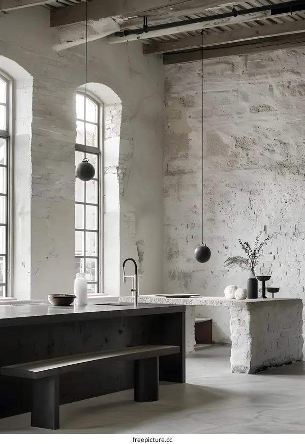 Modern Minimalist Kitchen Design with Exposed Brick Walls and Pendant Lights