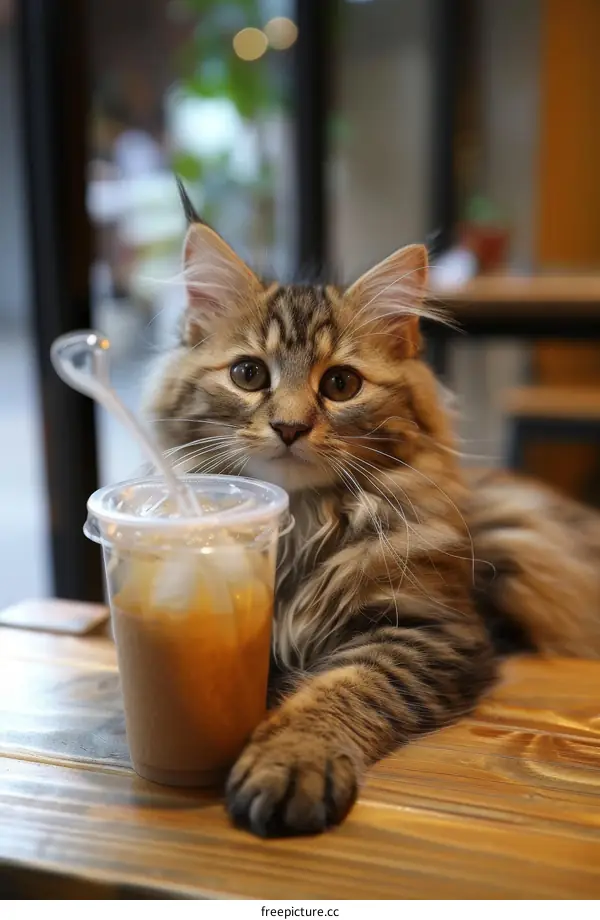 A cute cat is sitting on a table with a cup of coffee