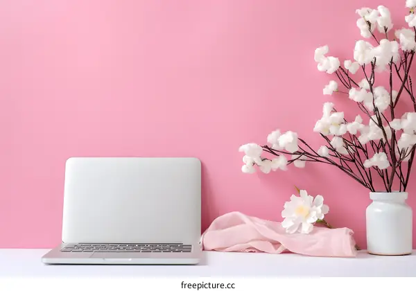Minimalist Pink Workspace With Laptop, Flowers and Scarf