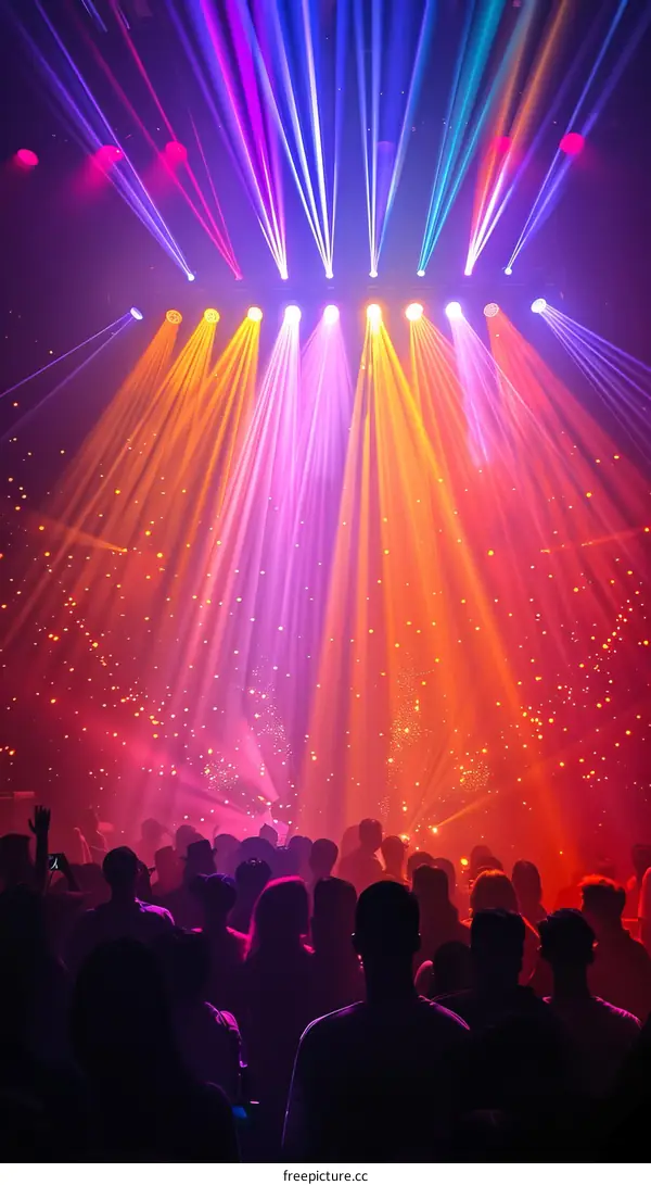 Nightclub with a crowd of people dancing under colorful lights