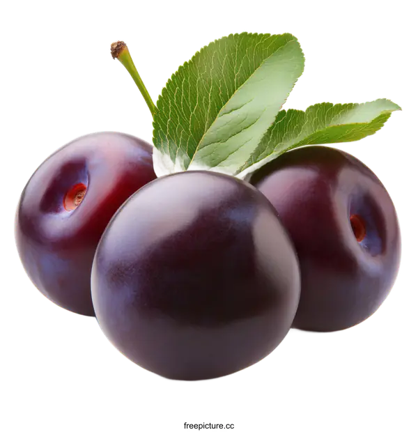 [Transparent Background PNG]Fresh Plums with Leaves Close-up Image