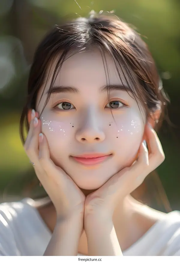Portrait of a Young Asian Woman with White Glitter on Her Cheeks