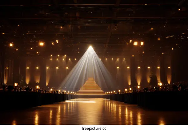 Grand Event Hall with Golden Stage and Attendees