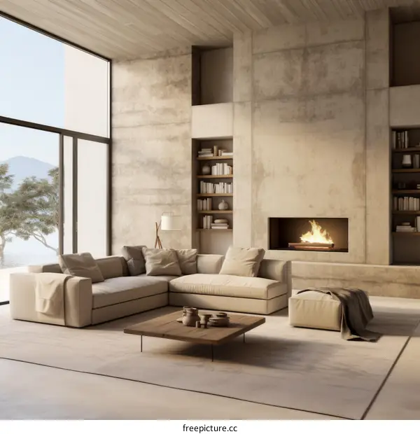 Modern minimalist living room interior design with fireplace, large windows and bookshelves