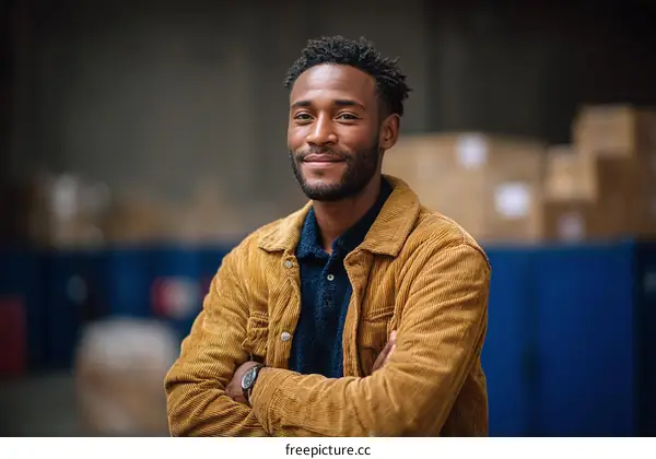 Portrait of young man with arms crossed in warehouse setting
